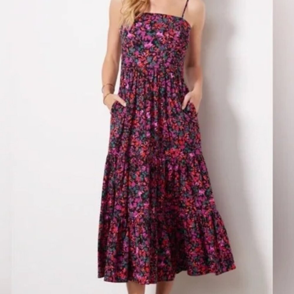 Evereve Aurora Midi Tiered Floral Smocked Back Adjustable Strap Dress Size Small